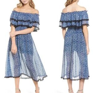 MISA Los Angeles Maribel Dress Blue/White Floral Tassels Tiered Pompoms, Size XS